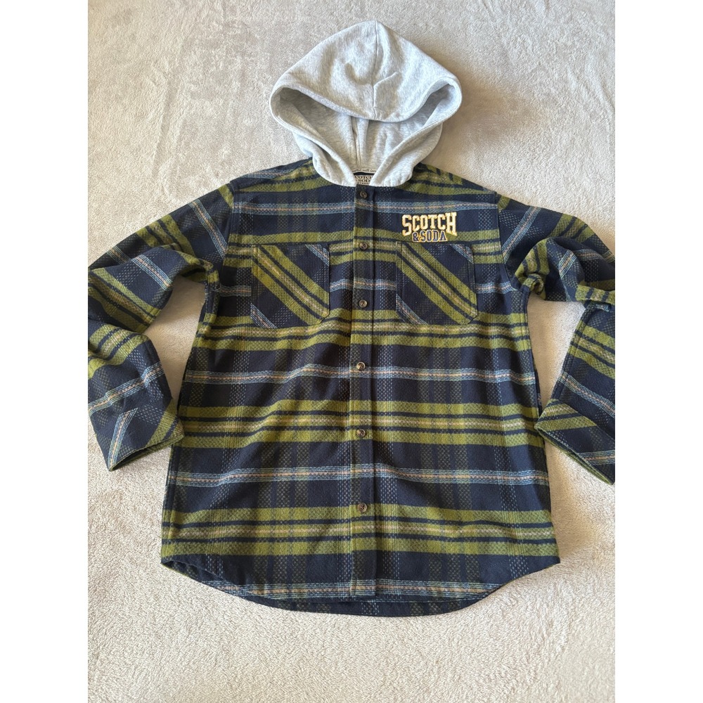 Scotch & Soda Boys Sz Large Kids' Yarn Dyed Hooded Shirt Jacket‎ In Navy Plaid